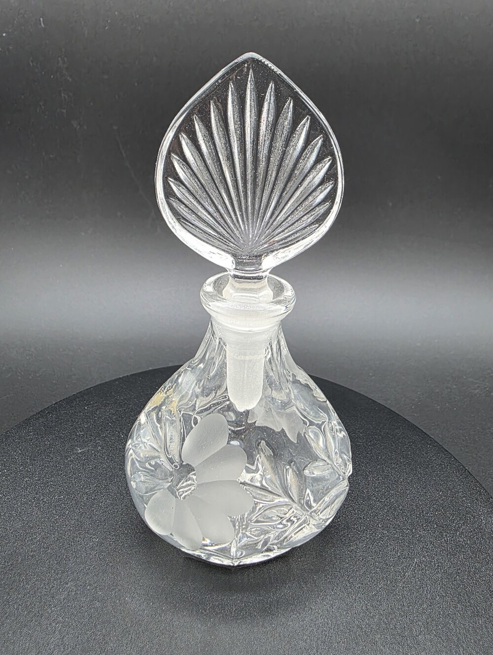 Vintage Clear Glass Decorative Perfume Bottle with Etched Floral Design